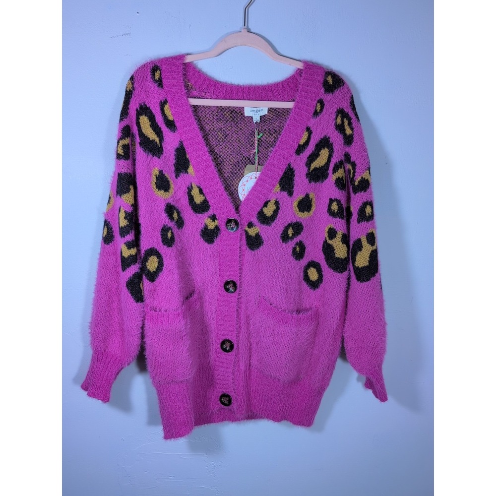 UMGEE Cardigan Sweater Womens  Pink Animal Print Fuzzy‎ Knit  S New